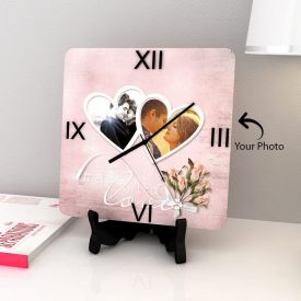 Square Wooden Clock With Two Photos