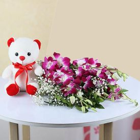 6 Purple Orchids with 6 Inches Teddy Bear