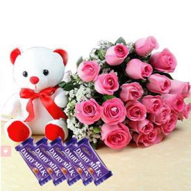 20 Pink Roses with Teddy Bear and Dairy Milk Bars
