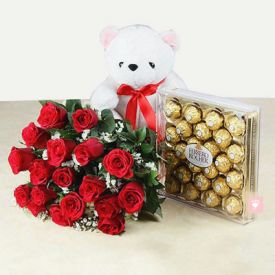 18 Red Roses with 24 Pcs Ferrero Rocher & Teddy