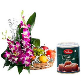 Mixed Flowers,2 Kg Mixed Fruits and 1 Kg Gulab Jamun