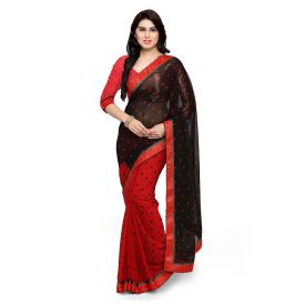 Red & Black Georgette Polka Dots Printed Saree