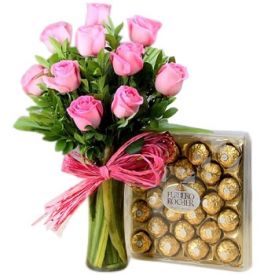 Pink Roses in vase with ferrero rocher