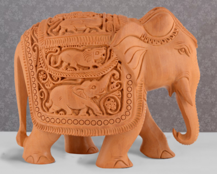 Wooden Elephant with Carving Statue