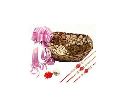 500 grams mixed dry fruits with Basket and 3 Rakhi