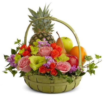 10 Mixed Carnation with Vase and 2 Kg Mixed Fruits with Basket.