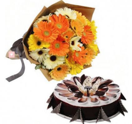 Mixed Gerbera and Chocolate Cake