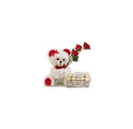 Teddy Bear (6 inches) with 3 Rose and 16 pcs Ferrero rocher