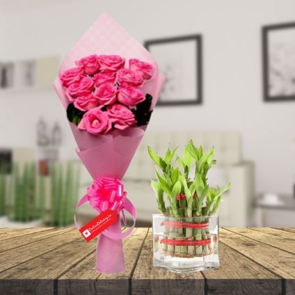 Pink rose & 2 layer bamboo with vase