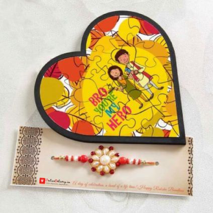Heart shape wooden framed puzzle with one rakhi