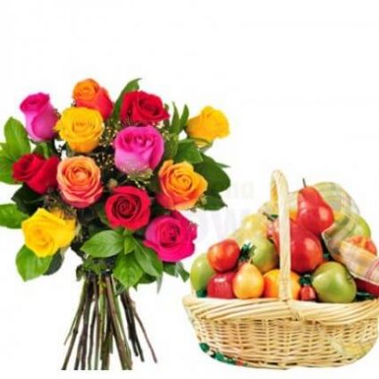 10 Red Roses and 2 Kg Mixed Fruits with Basket