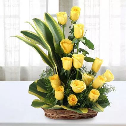 Fresh Yellow Roses In Basket