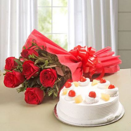 Red Roses with ButterScotch Cake