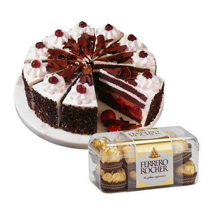 1kg black forest cake with16 pieces of ferrero rocher.