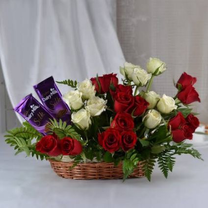 Basket of Red and White Roses with Silk