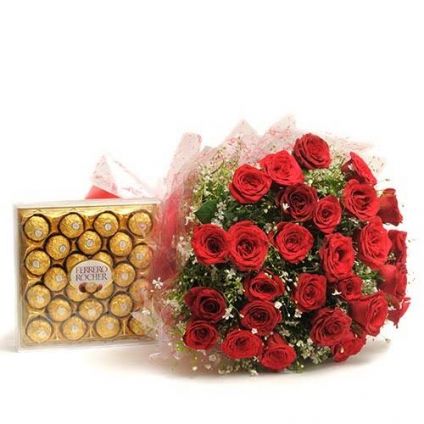 Bunch of 30 red roses and 24 pcs ferraro rocher