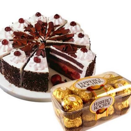 1 kg Eggless Black forest and 16 pcs Ferrero rocher