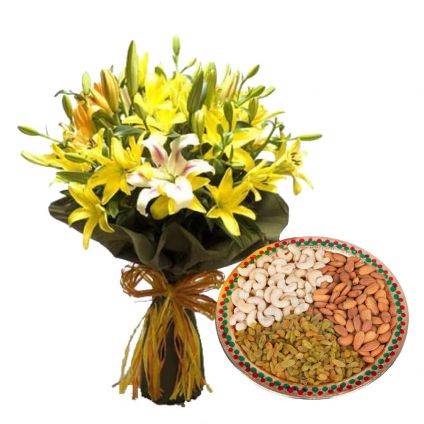 A vase of 10 mixed lilies, and 1 kg dry fruits