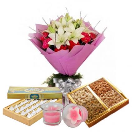 Flowers, Dry Fruits, Sweets and Diya