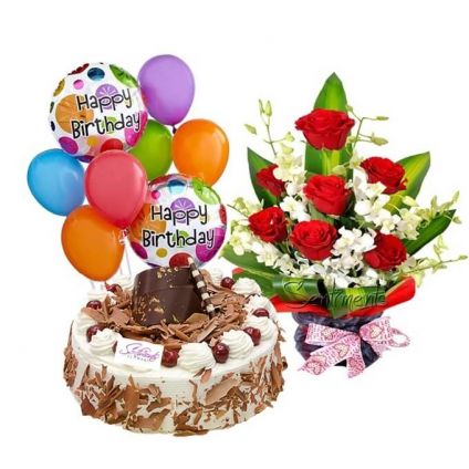 Bunch of 12 Red Roses, 1 kg Black Forest Cake and 6 Pcs balloons