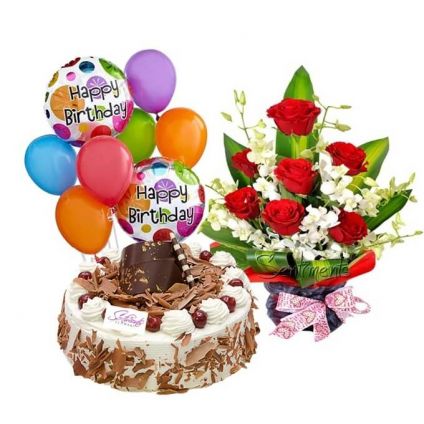 Bunch of 12 Red Roses, 1 kg Black Forest Cake and 6 Pcs balloons