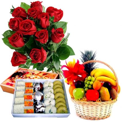12 Red Roses with 1 Kg Mixed Sweets and 2 kg Mixed Fruits