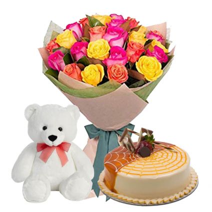 A bunch of 25 mixed roses, 1/2 kg butterscotch cake and (6-inch cute-teddy)