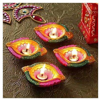 Delightful Set of 4 Colourfull Terracotta Table Diya Set