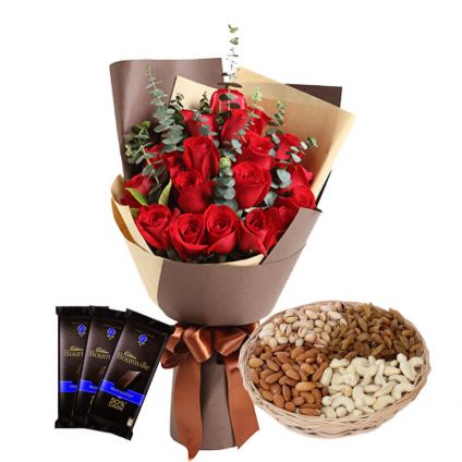 12 Red Roses Bunch,Dry fruits and 3 Bournville Chocolates