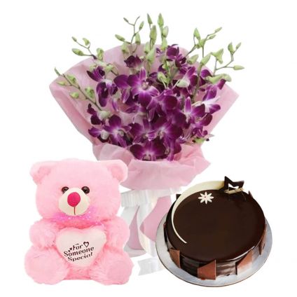A bunch of 10 purple orchid 1 kg chocolate cake and (6-inch-teddy bear).