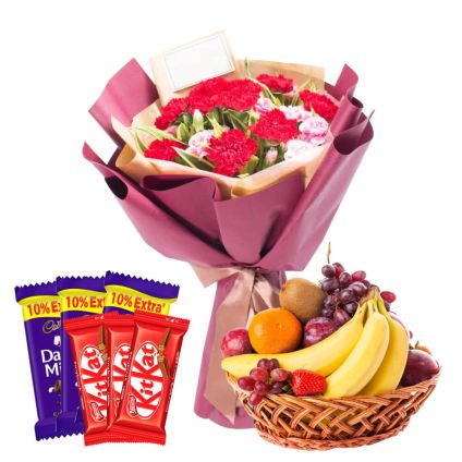 12 Mixed Flowers With 2 Kg Mixed Fruits and 6 Pcs Cadbury Dairy Milk & Kit kat Chocolates.