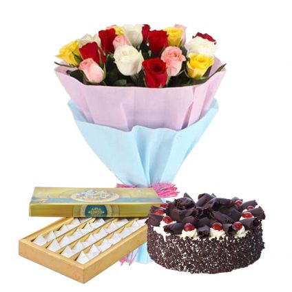 10 mixed Roses, 1 Kg Black forest cake and 1 Kg Kaju Katli