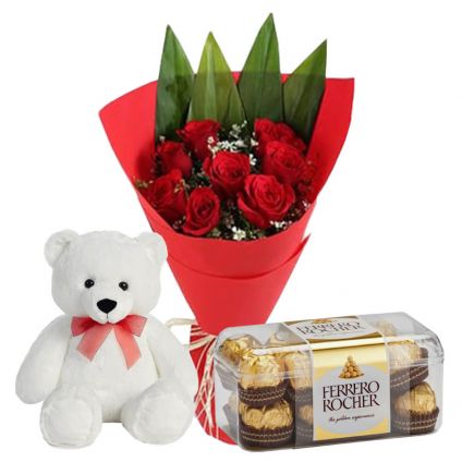 Bunch of 12 roses 12 inch teddy and 16 Pcs ferrero rocher