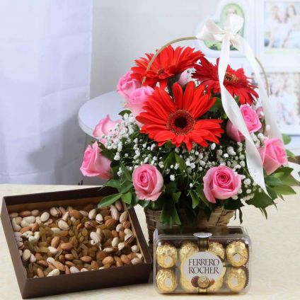 Mixed Flower,16 pcs Ferrero Rocher and Dry fruits
