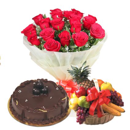 Basket of 20 Red Roses, 1 Kg chocolate cake and 3 Kg mixed fruits in Basket