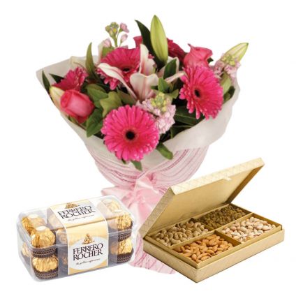 Assorted Dryfruits and Rocher Chocolates with Seasonal Flowers Bunch