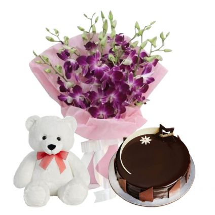 A bunch of 12 white orchid 1/2 kg chocolate truffle cake and (12-inch-teddy bear).