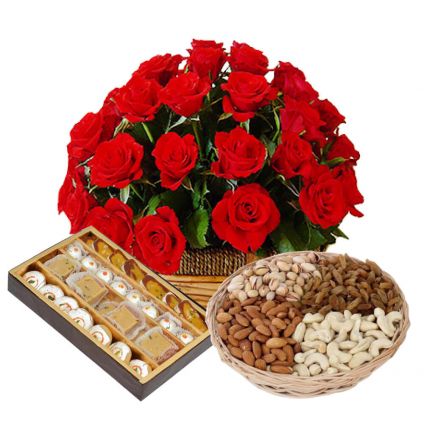 Basket of 25 red roses, 1 kg mixed sweet and 1/2 kg dry fruits