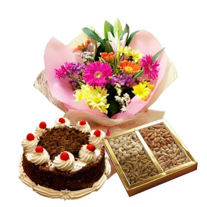 20 Mixed Roses, 1 Kg Dry fruits and 1 Kg Black forest cake