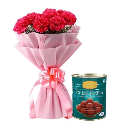 Bunch of 10 Red Carnation and 1 Kg Haldiram Gulab Jamun