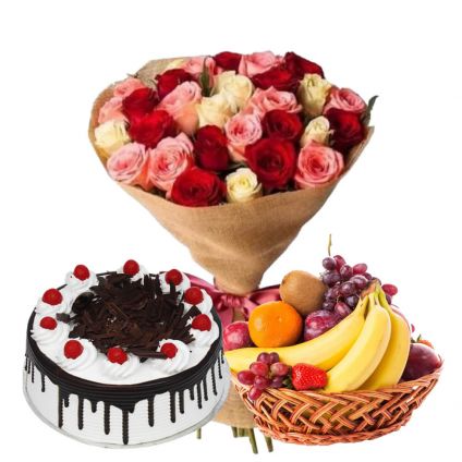 Bunch of 20 mixed Roses and 3 kg fruits in Basket and 1/2 kg Black forest cake
