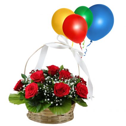 Basket of Red Roses N Balloons