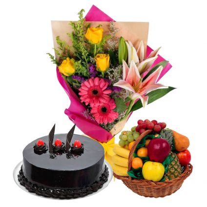 1 Kg Chocolate Cake With 2 Kg Mixed Fruits and 12 Mixed Flowers