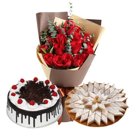 10 Red Roses, 1/2 Kg Black forest cake and 1/2 Kg Kaju Katli