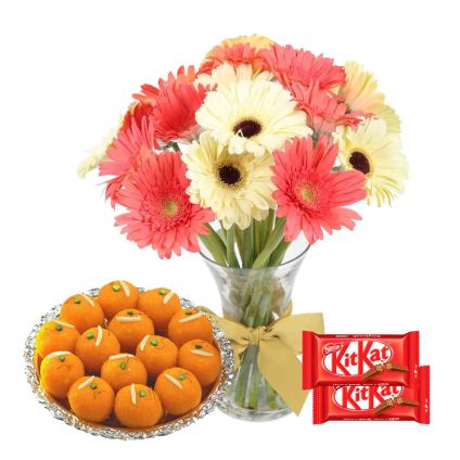 Mixed Gerbera with vase ,MotiChoor Ladoo and 2 pcs kitkat