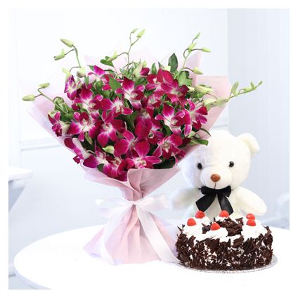 6 Orchids and 1/2 kg Chocolate cake with Teddy