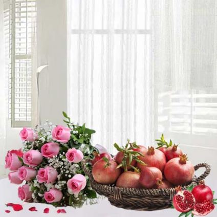 Bunch of 20 Red Roses and 2 Kg Pomegranates with Basket.