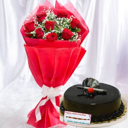 Bunch of 10 Red Roses, 1/2 kg chocolate cake with Rakhi