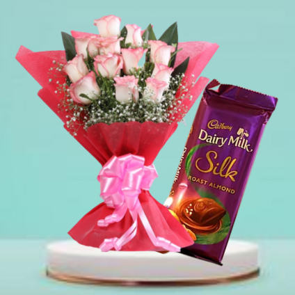 10 pink roses with 1 dairy-milk chocolate