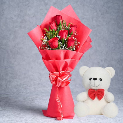 10 Red Roses and 6 inch Teddy bear